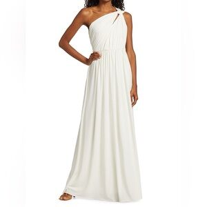 Halston Michaela Shirred White Gown One Shoulder Dress - Pristine